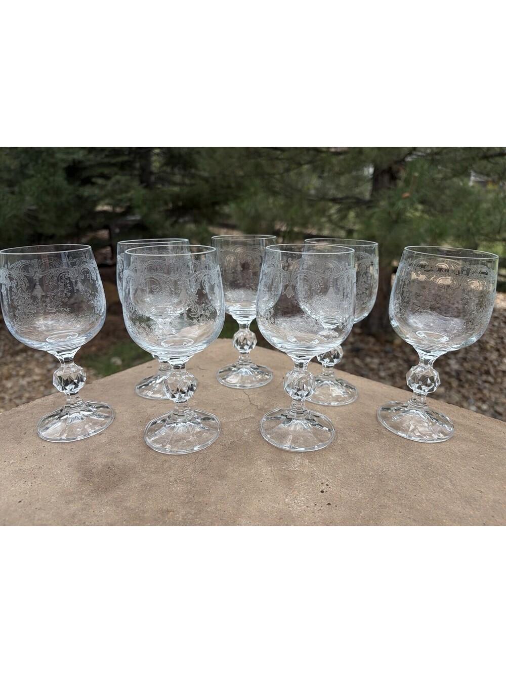 7 Vintage Bohemia Crystal Etched Cascade Wine Glass Goblets Ball Stem 5 3/4. “